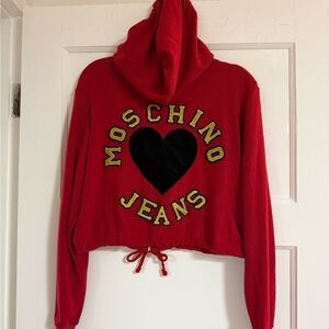 Vintage Moschino Cropped Red Hoodie with Black Heart and Gold Lettering. Size S